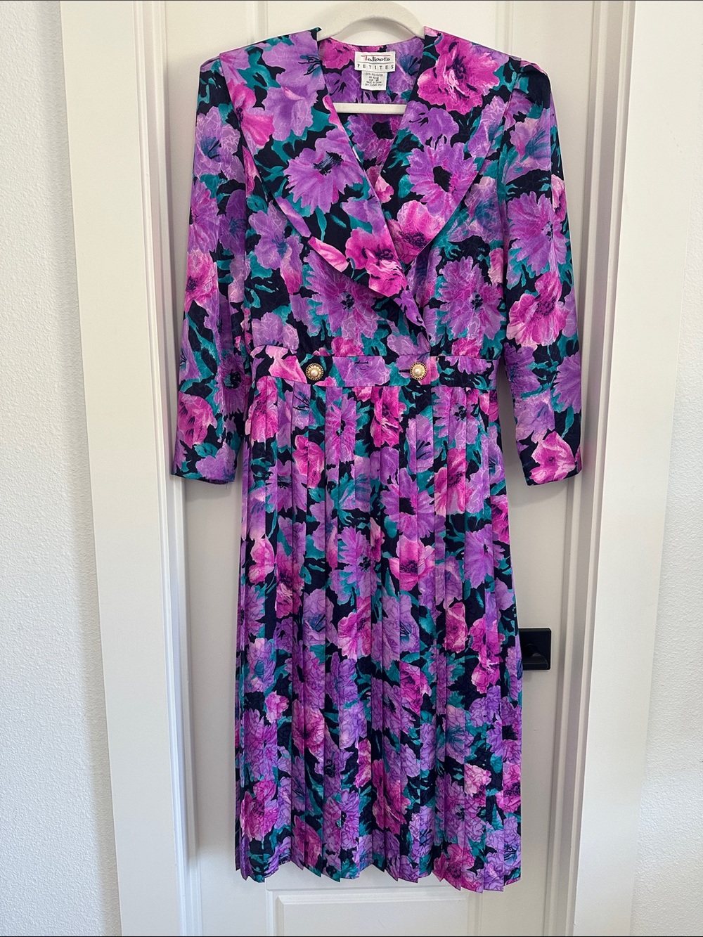 Talbots Pink & Purple Floral Long-Sleeve Pleated Dress